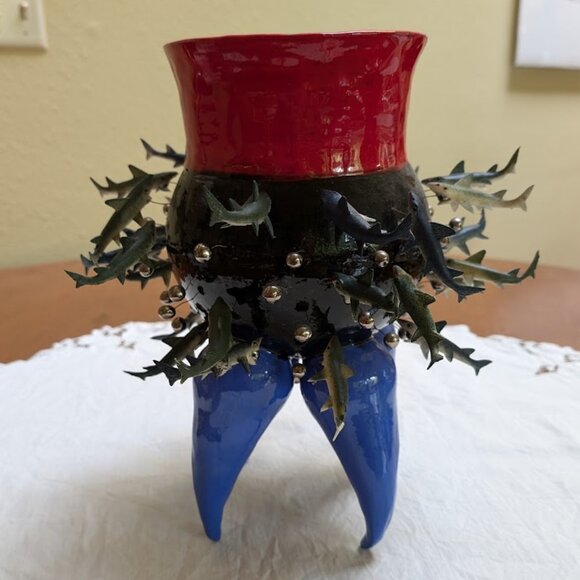 Crazy, Bold, Objet d'Art Ceramic Art Pottery Sculpture, Planter with Fish - Picture 6 of 15